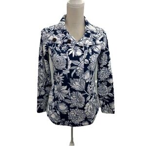 NWOT Talbots Womens Terry Top Petite 0 Blue Floral Snap Neck Vibrant